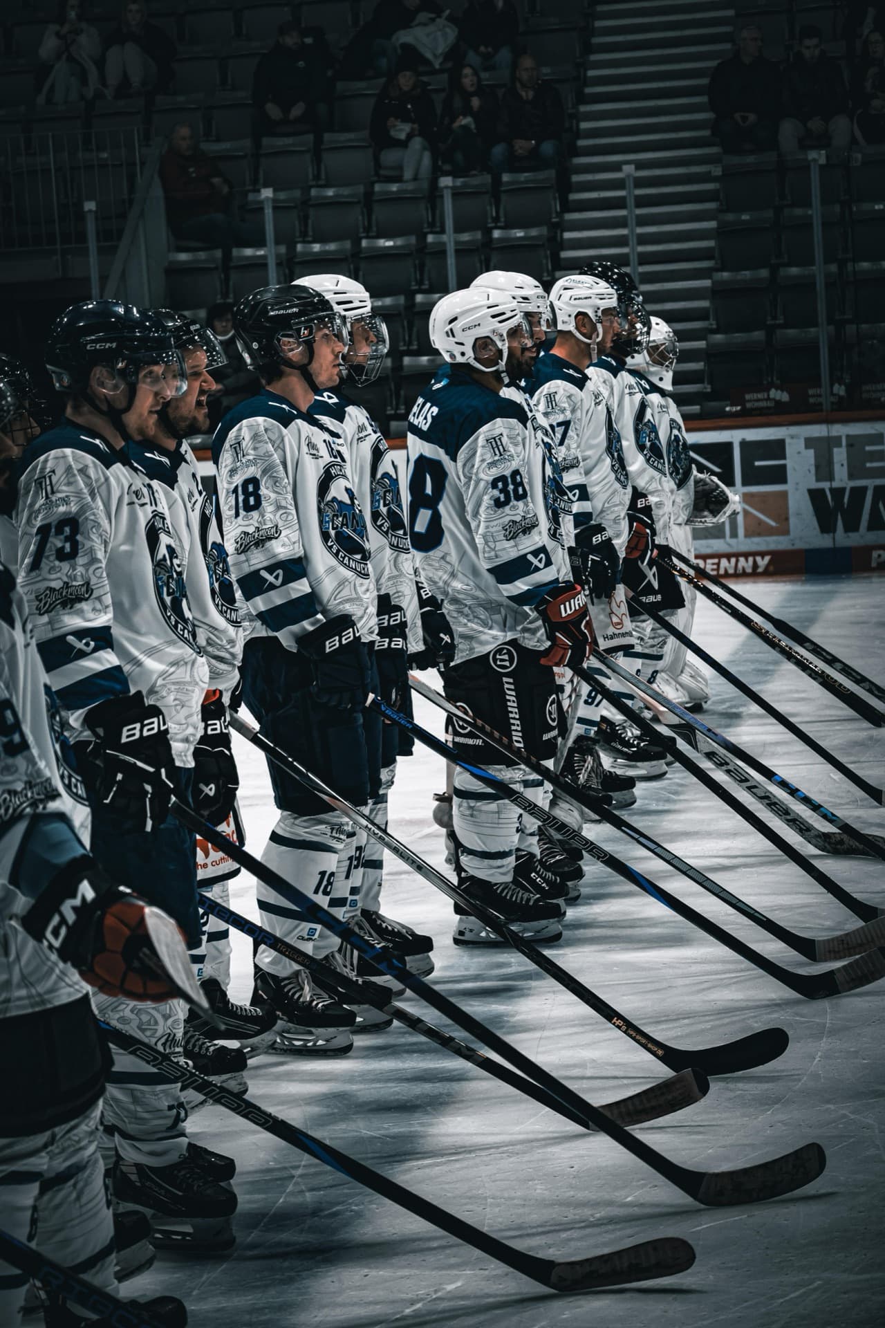 Die VS Canucks aufgereiht an der blauen Linie vor dem Spiel